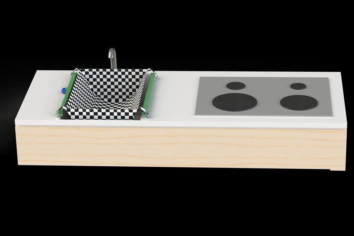 CAD render of the rack with a mesh bag stretched open over the sink