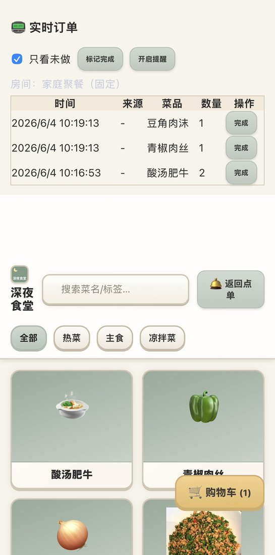 Kitchen screen listing live incoming orders by time, dish, and quantity